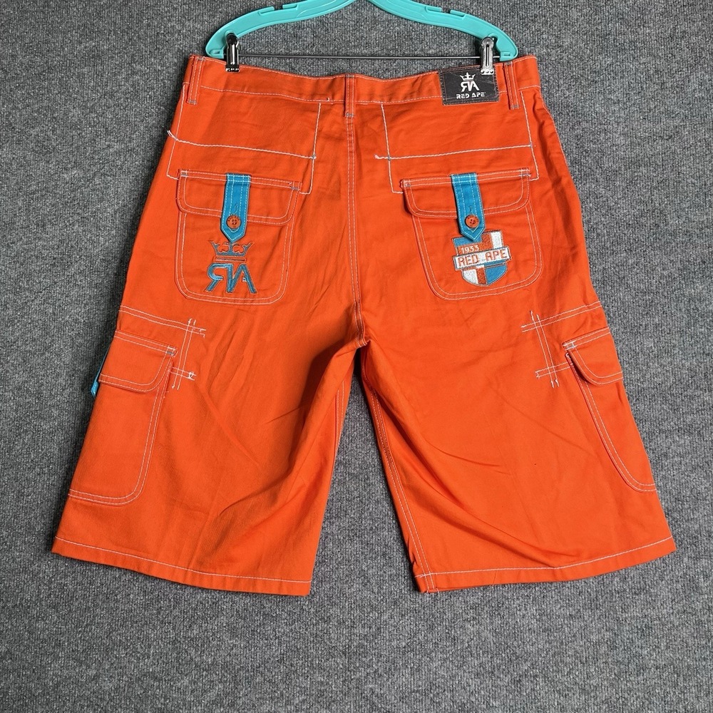 Vintage Y2K Red Ape Cargo Shorts Men's 38‎ Orange Embroidered Pockets Hip Hop
